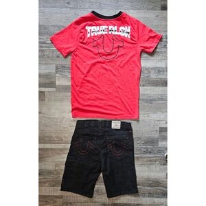 True Religion Boys Red Graphic Tee and Black Denim Cargo Shorts Set Size 12